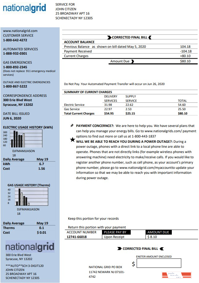 USA New York National Grid utility bill template in Word and PDF format